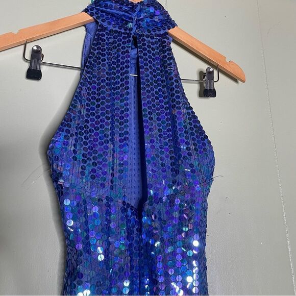 Vintage 90s Iridescent Blue Sequin Open Back Slit Dress by Robert Anthony Size 6 - Picture 4 of 9